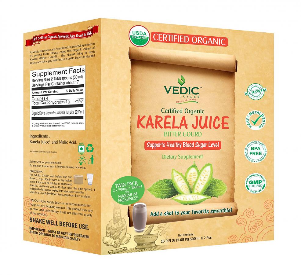 Vedic Organic Karela Juice | Supports Healthy Blood Sugar Level (Bitter Gourd/Bitter Melon) 500ml x 2