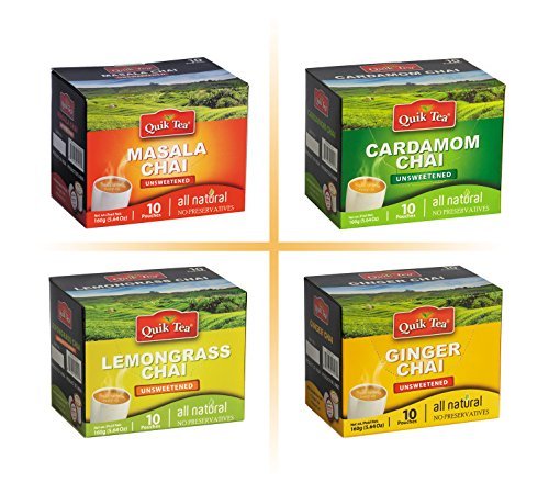 QuikTea 4 Flavors Unsweetened Variety Pack, Cardamom/Masala/Ginger/Lemongrass, 40 Oz