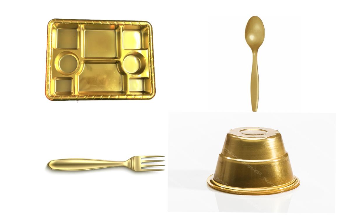 8 Compartment Disposable Gold Plates - Indian Thali Plastic Tray - 200 w/ Spoon/Fork/Bowl 8 Compartment Disposable Gold Plates - Indian Thali Plastic Tray - 200 w/ Spoon/Fork/Bowl