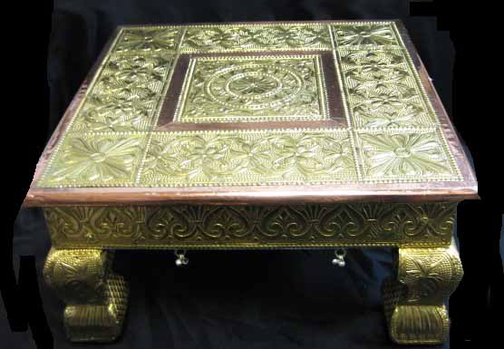 Golden Brass Plated Bajot (Puja Table) w/ Copper Trim & Artwork 10” - 24"