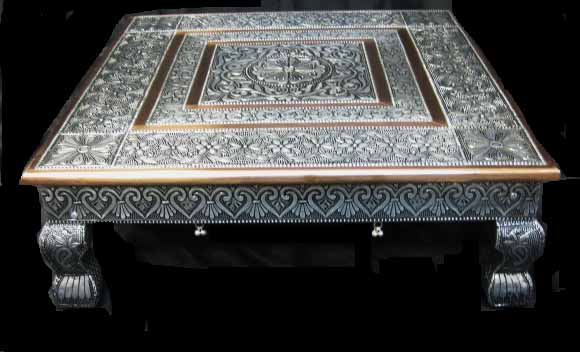 Engraved Bajot / Chowki in Oxidized Silver w/ Copper Trim 10" - 32" Engraved Bajot / Chowki in Oxidized Silver w/ Copper Trim 10" - 32"