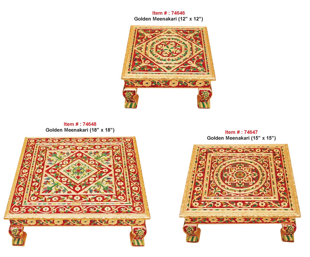 Handcrafted Chowki, Golden Meenakari Puja Bajot Chowrang 12" - 18' Handcrafted Chowki, Golden Meenakari Puja Bajot Chowrang 12" - 18'