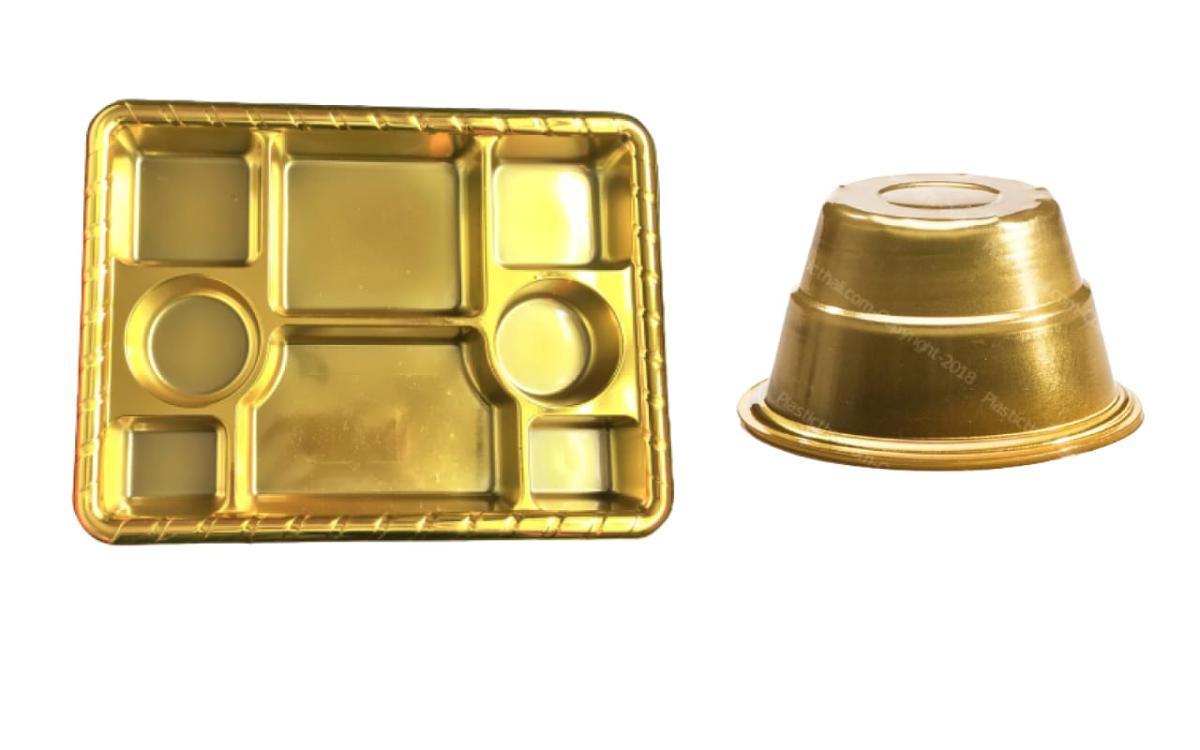 Gold 8 Compartment Disposable Plates, Indian Thali Plastic Tray 100 w/ Bowl