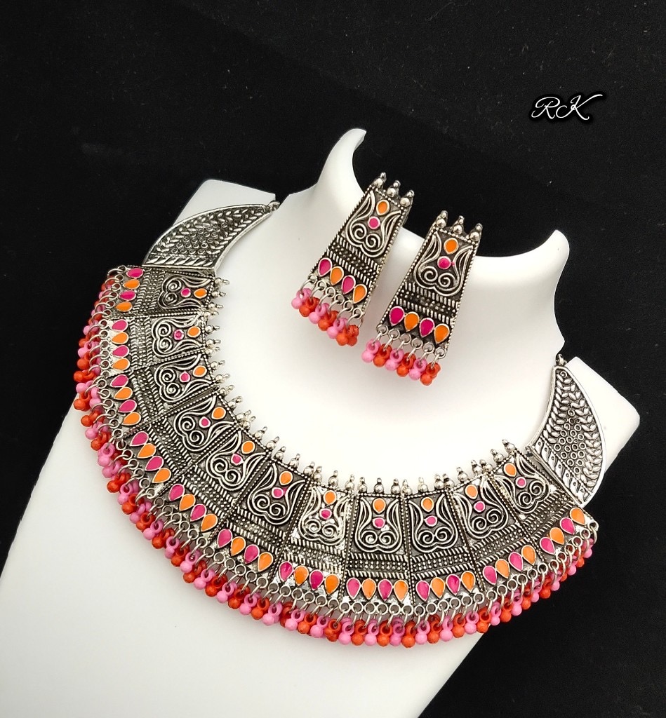 Grand Oxidised Ghungroo necklace in Pink and Orange