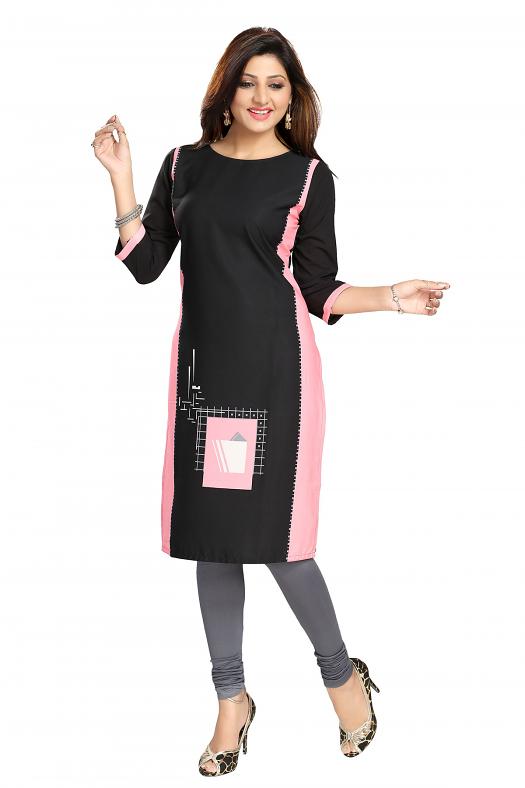 Alluring Designer Black Pink Crepe Kurti Tunic - Size 44 Alluring Designer Black Pink Crepe Kurti Tunic - Size 44