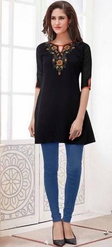 Ravishing Embroidered Beaded Black Georgette Short Kurti Tunic - Size 42 Ravishing Embroidered Beaded Black Georgette Short Kurti Tunic - Size 42