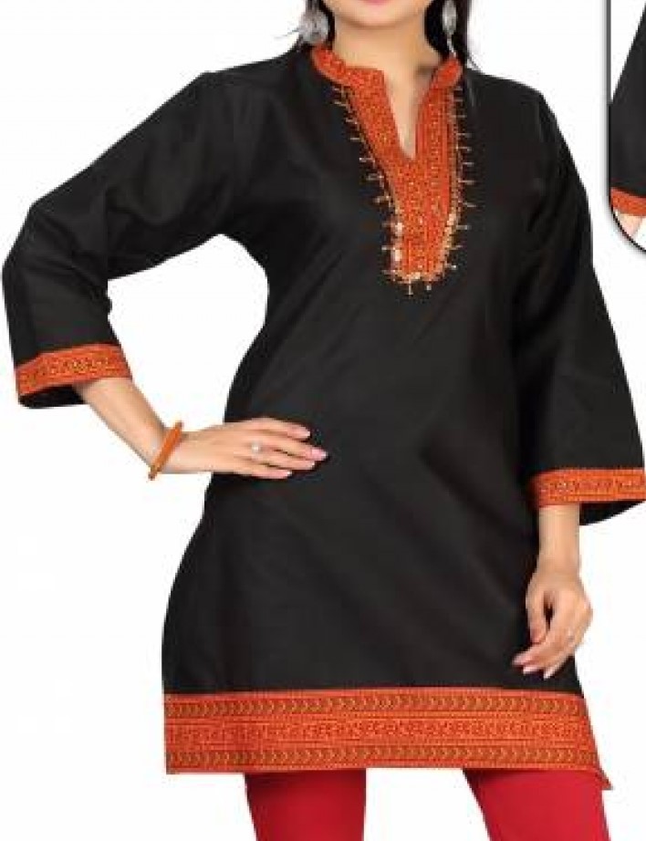 Black Cotton Short Kurti Tunic Bright Neckwork 40, 42, 44, 46 Black Cotton Short Kurti Tunic Bright Neckwork 40, 42, 44, 46