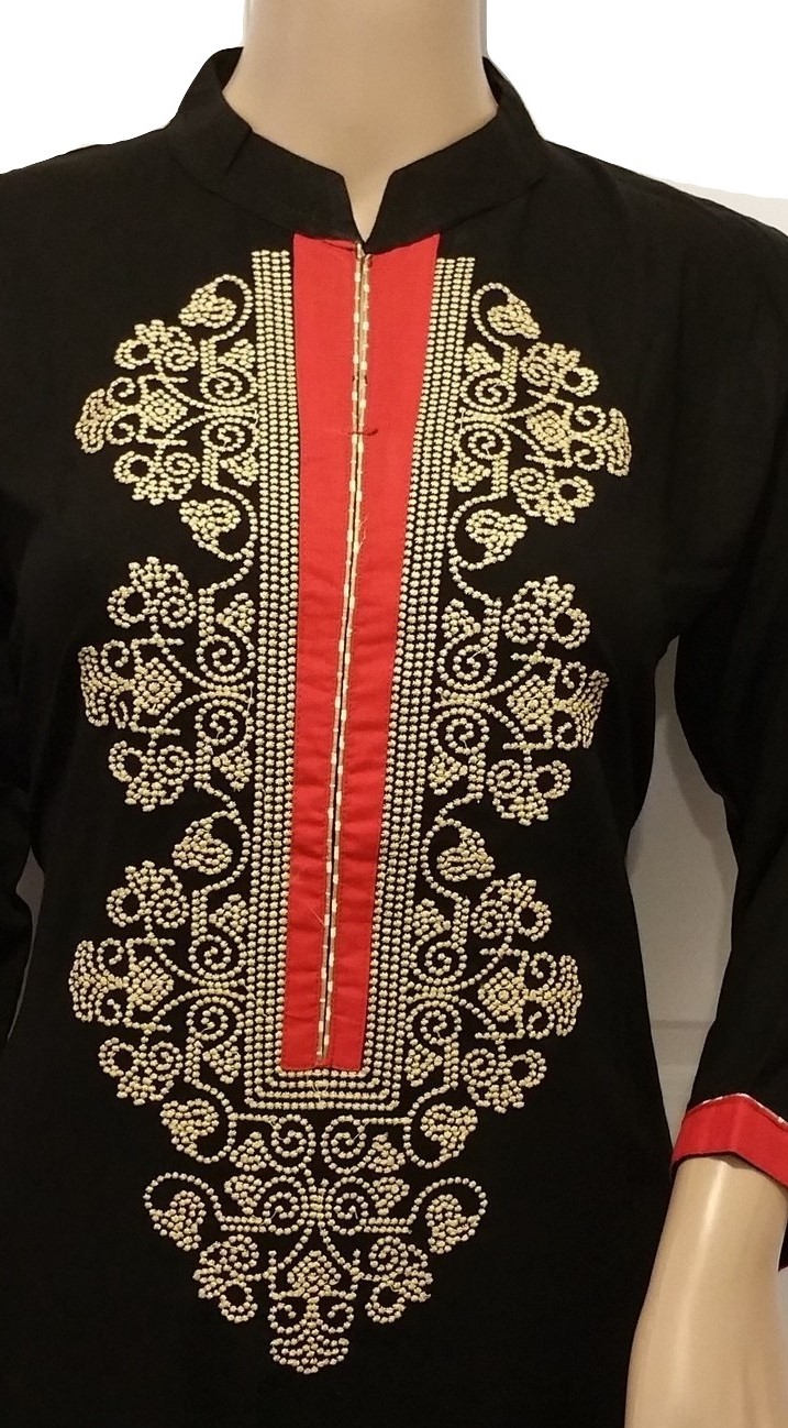 Attractive Black Rayon Kurti Tunic Beige Embroidery Red Piping