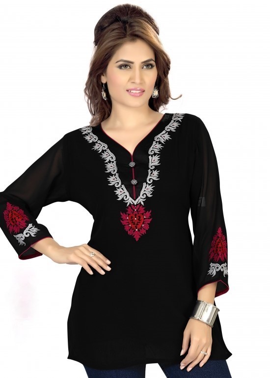 Beautiful Black Georgette Short Kurti with Pretty Embroidery - Size 40 ...