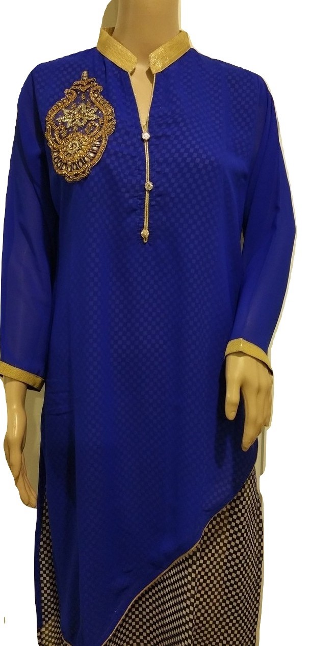 Glam Sequin Gold Royal Blue Georgette Designer Party Kurti Tunic Size 44 Glam Sequin Gold Royal Blue Georgette Designer Party Kurti Tunic Size 44