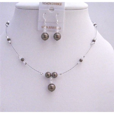 Bridal Party Gifts Dark Brown Pearls with Clear Crystals Beads Set Bridal Party Gifts Dark Brown Pearls with Clear Crystals Beads Set