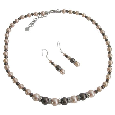 Dark Chocolate Peach Pearls Silver Rondells Spacer Wedding Jewelry Set Dark Chocolate Peach Pearls Silver Rondells Spacer Wedding Jewelry Set