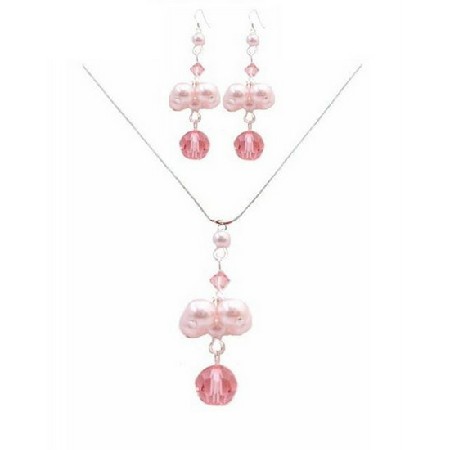 Handmade Jewelry Swarovski Rose Crystals Pink Pearls Necklace Set Handmade Jewelry Swarovski Rose Crystals Pink Pearls Necklace Set