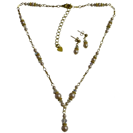 Trendy Fabulous Gold Chained Necklace Set Swarovski Pearls Crystals 