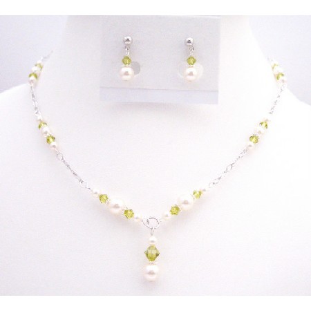 Lite Olivine Swarovski Crystals w/ White Pearls Handmade Necklace Set Lite Olivine Swarovski Crystals w/ White Pearls Handmade Necklace Set