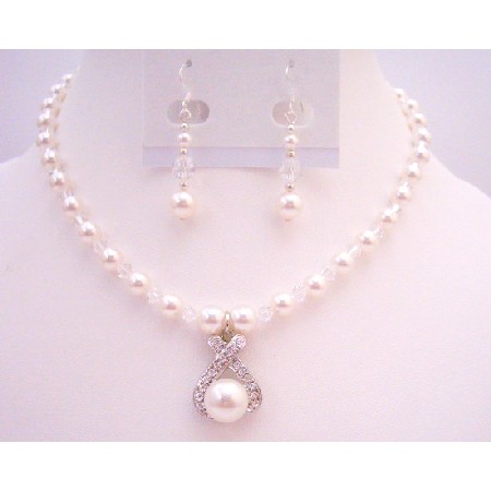 Pure Whie Pearls Jewelry w/ Clear Crystals Drop Down Pendant Set Pure Whie Pearls Jewelry w/ Clear Crystals Drop Down Pendant Set