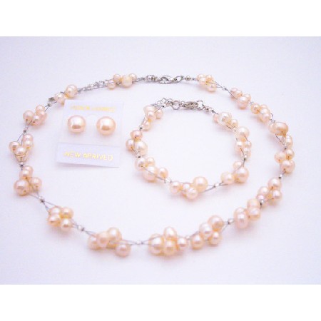 Shop Stylish Wedding Shower Gifts Peach Freshwater Pearls Necklace Set 