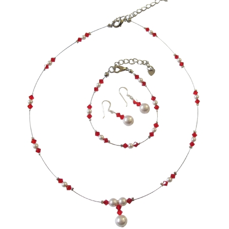 Red Crystals & White Pearls Illusion Bridal Complete Jewelry Set Red Crystals & White Pearls Illusion Bridal Complete Jewelry Set