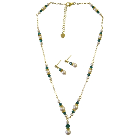 Wonderful Bridesmaid Gift White Pearls Emerald Crystals Gold Plated Wonderful Bridesmaid Gift White Pearls Emerald Crystals Gold Plated