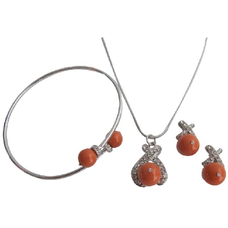 Fall Color Orange Pearls Swarovski Coral Pearls Set with Bracelet 