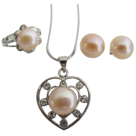 Freshwater Peach Pearl Heart Pendant Necklace Stud Earrings & Ring Freshwater Peach Pearl Heart Pendant Necklace Stud Earrings & Ring