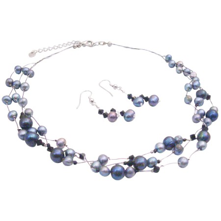 Evening Jewelry In Black Grey Freshwater Pearls Swarovski Jet Crystals 