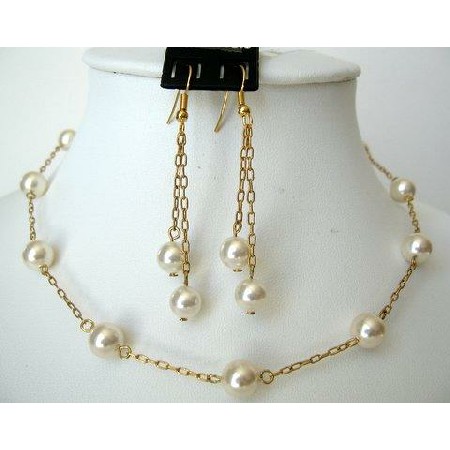 Wedding Jewelry 22k Gold Plated Swarovski Cream Pearls Handcrafted Set Wedding Jewelry 22k Gold Plated Swarovski Cream Pearls Handcrafted Set