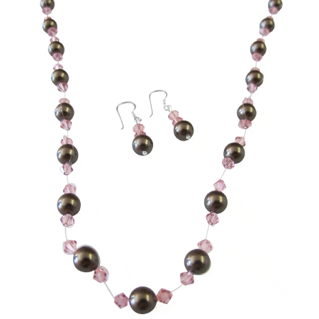 Chocolate Brown Pearls Pink Crystals Wedding Handcrafted Jewelry Set Chocolate Brown Pearls Pink Crystals Wedding Handcrafted Jewelry Set