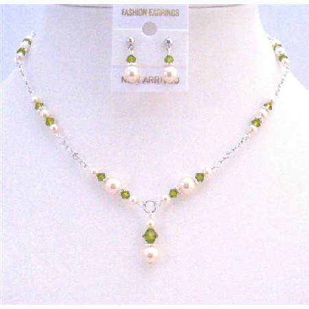 Olivine Swarovski Crystals Ivory Pearls Jewelry Drop Down Necklace Set Olivine Swarovski Crystals Ivory Pearls Jewelry Drop Down Necklace Set