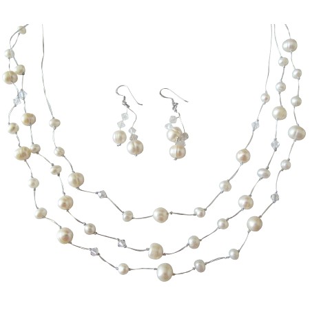 Three Stranded Silk Thread White Freshwater Pearls Crystals Jewelry Three Stranded Silk Thread White Freshwater Pearls Crystals Jewelry