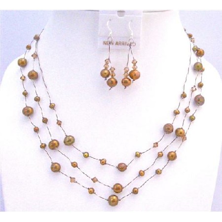 Metallic Brown Freshwater Pearls Smoked Topaz Three Stranded Jewelry - Metallic Brown Freshwater Pearls Smoked Topaz Three Stranded Jewelry -