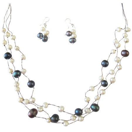 Dark Blue White Freshwater Pearls Jewelry Three Stranded Silk Necklace Dark Blue White Freshwater Pearls Jewelry Three Stranded Silk Necklace