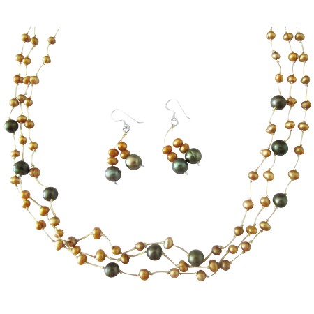 Swarovski Khakhi Crystals Freshwater Pearls Necklace Golden Dark Green Swarovski Khakhi Crystals Freshwater Pearls Necklace Golden Dark Green