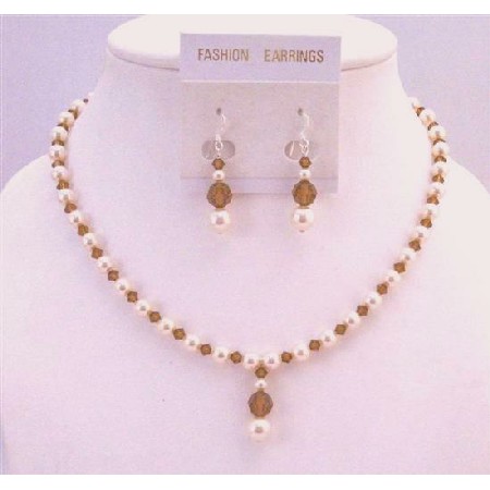 Ivory Pearls Swarovski Smoked Topaz Drop Down Bridesmaid Necklace Set 