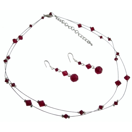 Prom Jewelry in Siam Red Crystals Jewelry Double Stranded Necklace Set Prom Jewelry in Siam Red Crystals Jewelry Double Stranded Necklace Set