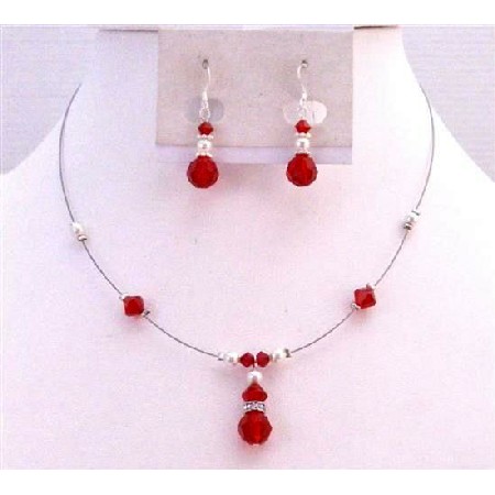 Bridesmaid Swarovski Lite Siam Red Crystals White Pearls Necklace Set Bridesmaid Swarovski Lite Siam Red Crystals White Pearls Necklace Set
