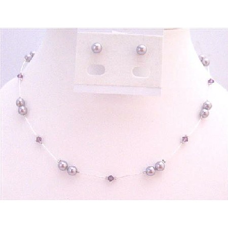 Mauve Pearls Amethyst Crystals Accented In Silk Thread Jewelry Set 