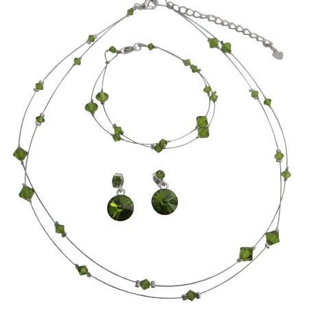 Olivine Dress Green Crystals Double Stranded Necklace Bracelet Bridal 