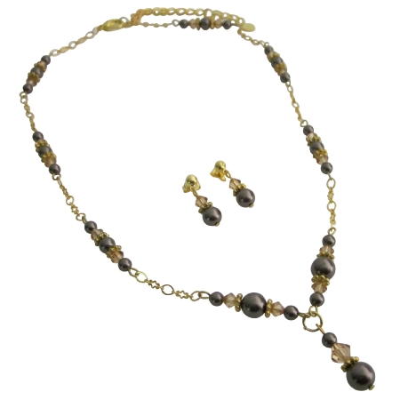 Gold 22k Plated Swarovski Brown Pearls Colorado Crystals Necklace Set Gold 22k Plated Swarovski Brown Pearls Colorado Crystals Necklace Set