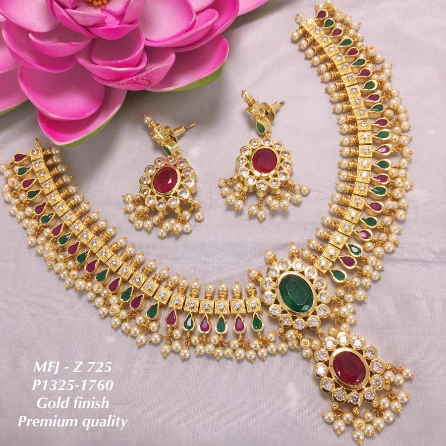 Grand Gold Polished Guttapusalu SHort Floral Necklace with Earrings- Emeral Grand Gold Polished Guttapusalu SHort Floral Necklace with Earrings- Emeral