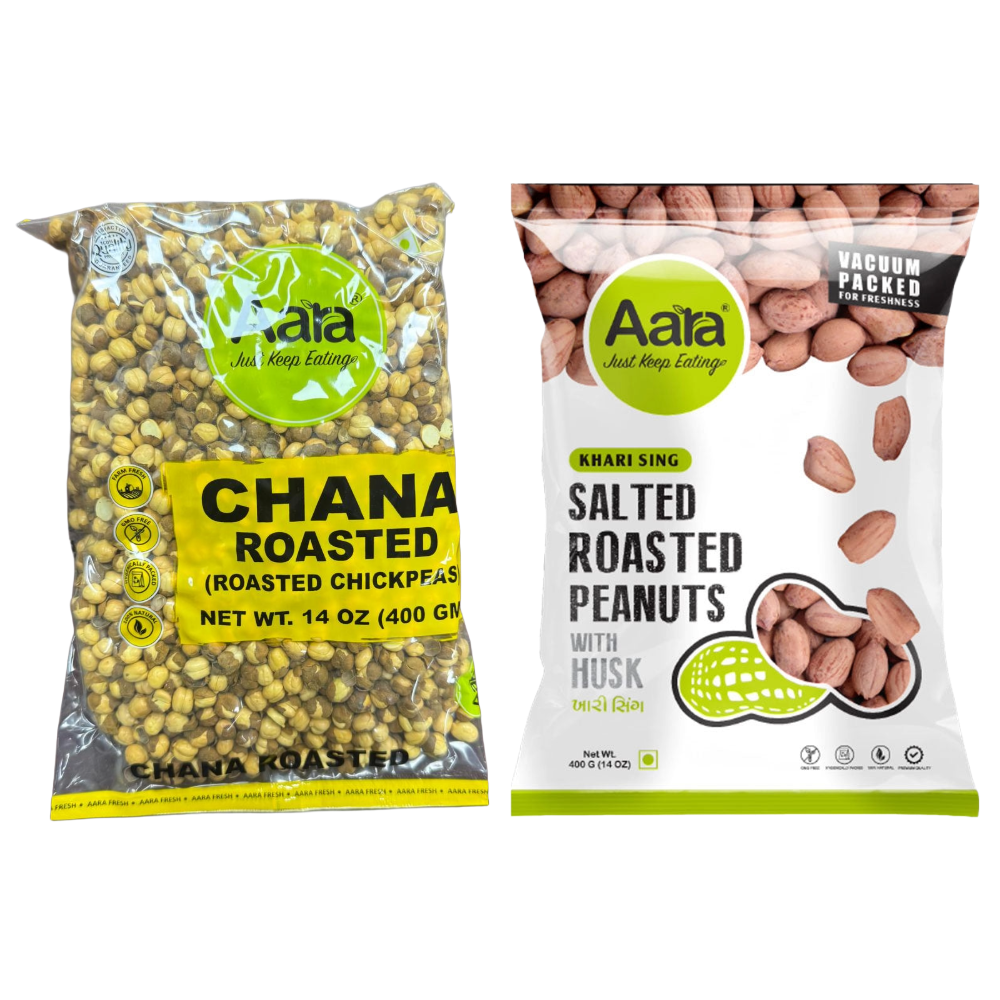 Aara Roasted Chickpeas (Unsalted) + Aara Khari Sing with Husk - 14oz Each | Protein & Fiber-Rich Combo | Healthy Indian Snacks | 2-Pack