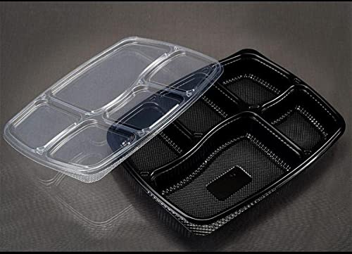 5 Compartment Black Disposable Plastic Plates w/ Lid- 100pcs 5 Compartment Black Disposable Plastic Plates w/ Lid- 100pcs