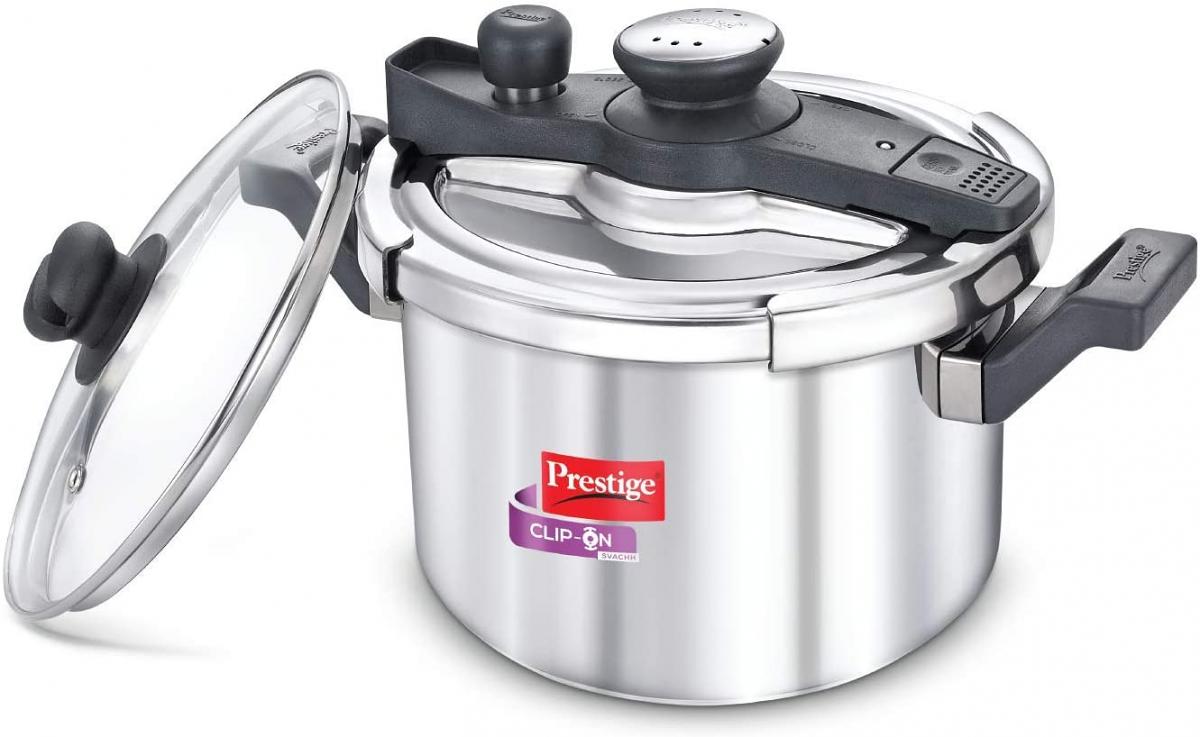 Prestige Svachh Clip-on 5 Litre Stainless Steel Pressure cooker, silver