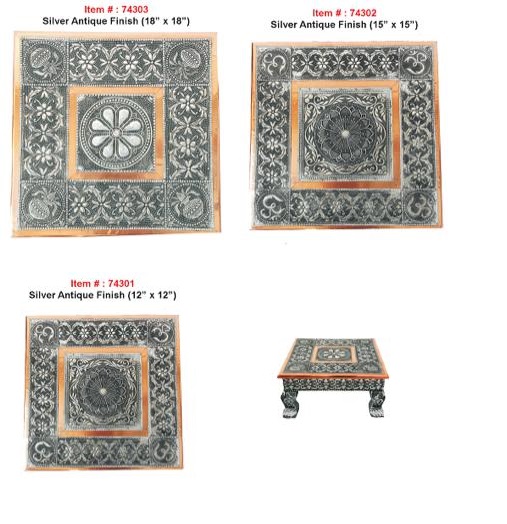 Puja Chowki, Oxidized Silver Engraved Bajot w/ Copper Trim 12" - 18' Puja Chowki, Oxidized Silver Engraved Bajot w/ Copper Trim 12" - 18'