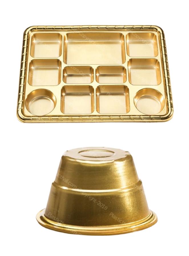 11 Compartment Disposable Gold Plates Thali Tray - 100 Plates w/ Bowls 11 Compartment Disposable Gold Plates Thali Tray - 100 Plates w/ Bowls