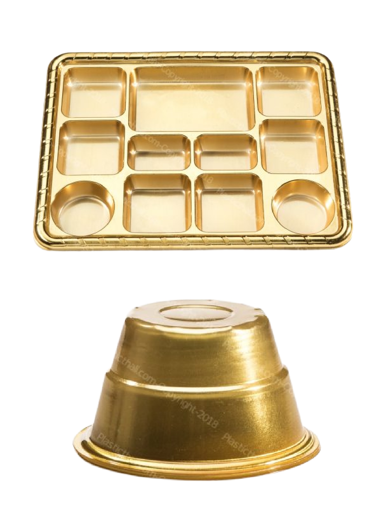 11 Compartment Disposable Gold Plates Thali Tray 100 Plates w/ Bowls