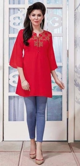 Bright Red Embroidered Designer Georgette Short Kurti Tunic - Size 42 Bright Red Embroidered Designer Georgette Short Kurti Tunic - Size 42