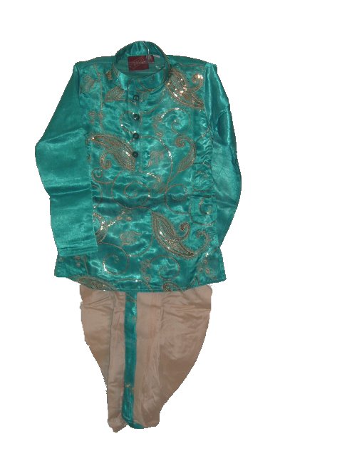 Readymade Silk Dhoti Kurta For Boys In Blue & Cream