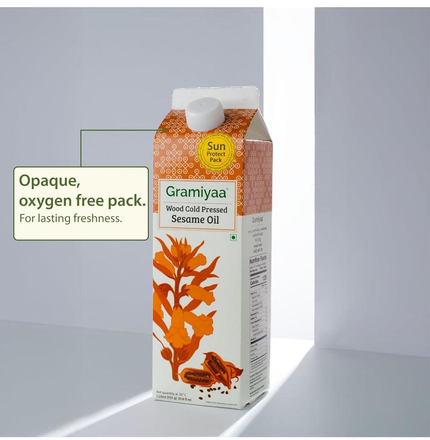 Gramiyaa Wood Cold Pressed Sesame Oil - 1L | 100% Natural & Unrefined Gingelly Oil | Cold Pressed | Ideal for Cooking, Skin & Hair | No Chemicals or Preservatives