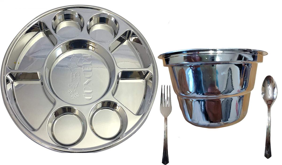 9 Compartment Disposable Silver Plates - Indian Food Tray (100 Thali w/ Forks, Spoons & Bowls) 9 Compartment Disposable Silver Plates - Indian Food Tray (100 Thali w/ Forks, Spoons & Bowls)